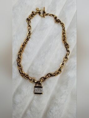 Michael Kors Gold Tone W/ Rhinestones Padlock Pendant Necklace EXCELLENT